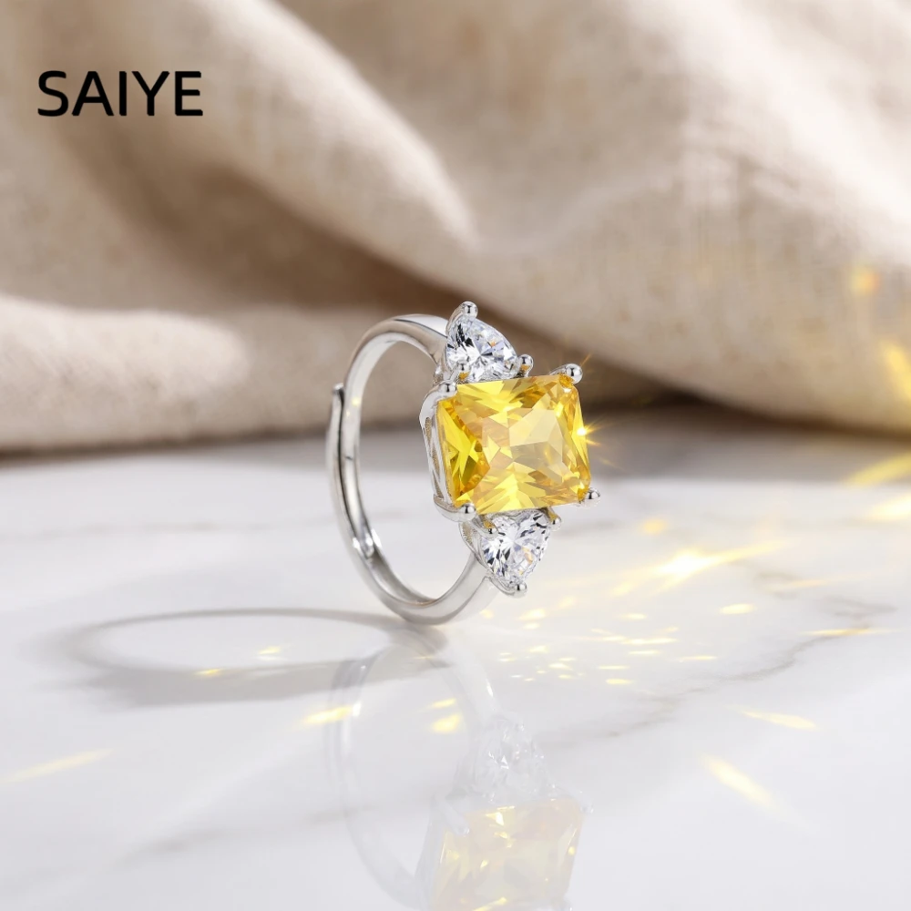 925 Sterling Silver Princess Cut Yellow Zircon Ring Women Three Stone Pear Side Stones Adjustable Wedding Fine Jewelry Gift