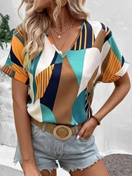 Women Summer Style Loose Blouses Shirts Lady Casual Short Sleeve V-Neck Printed Blusas Tops