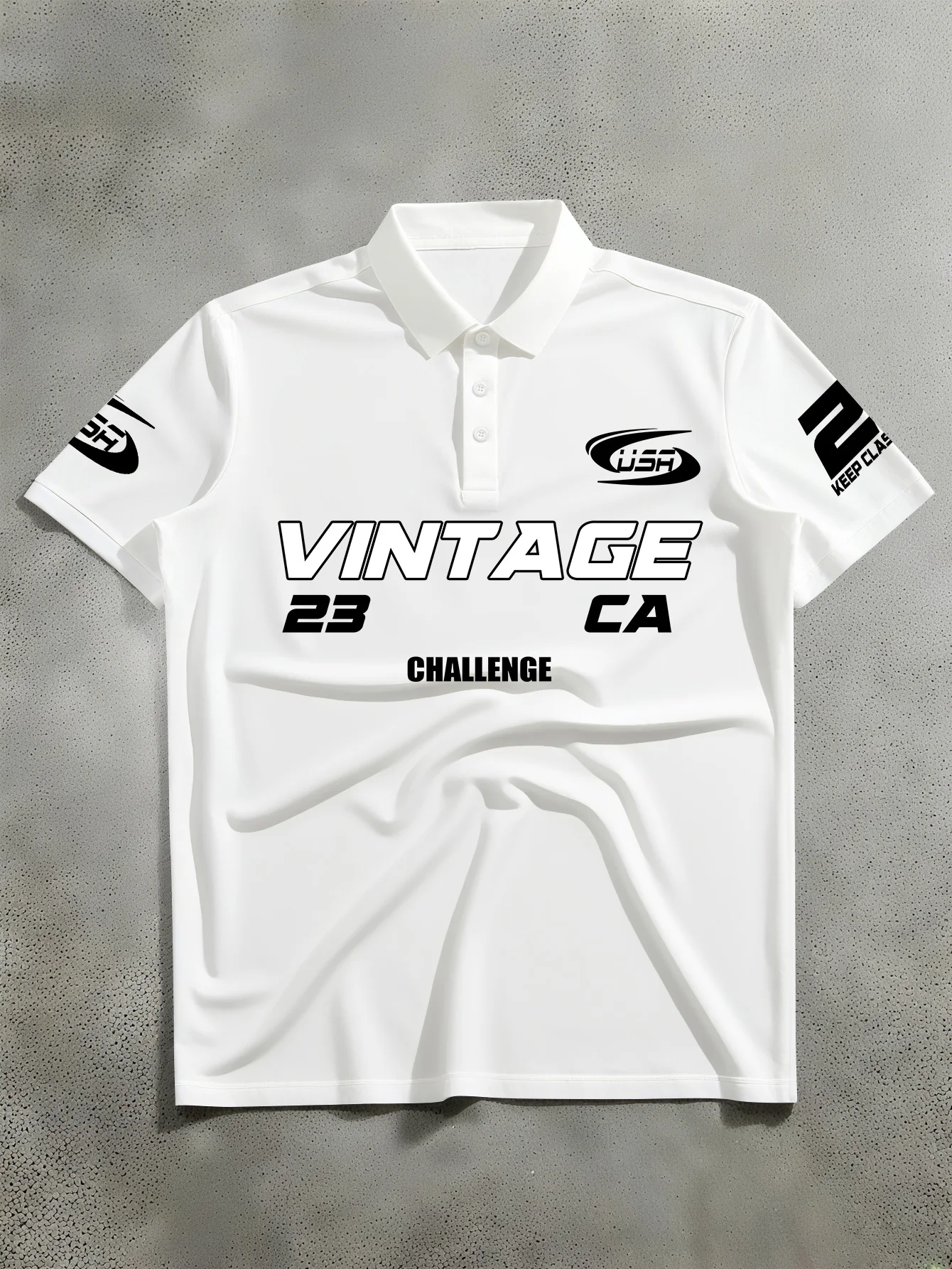 Men Vintage CA Challenge USA Logo Number 23 Keep Clase Sleeve Print White Short Sleeve Polo Shirt S-XXL