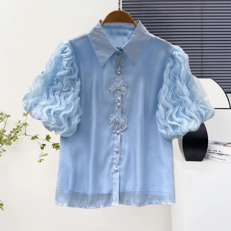 

2025, новинка, европейская, одежда,блузка, мода, сексуальная, с откидным воротником, пуговица, лоскутное шитье, однобортное, женское, с расклешенными рукавами, топы, 52082