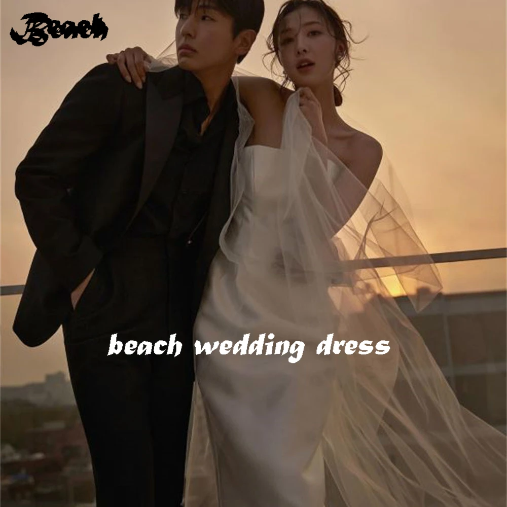 BEACH Simple Strapless Satin Korea Wedding Bridal Gowns Floor Length Off The Shoulder Backless Mermaid Sweep Train Bride Dress