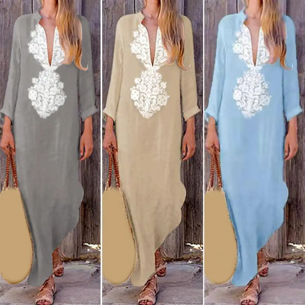 

Printed Long Sleeve Dress Bohemian Maxi Dress with V Neck Side Split Ethnic Style Long Sleeve Ankle Length Dress for Women Loose