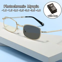 Photochromic Folding Myopia Glasses with Leather Box Portable Business Mens Myopia Eyeglasses Minus Diopter Glasses 0 To -4.0