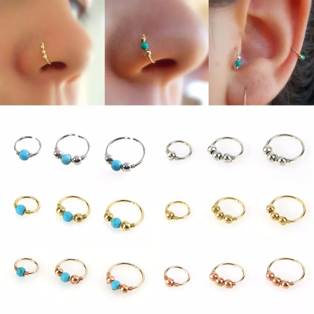 3Pcs/Set Retro Round Beads Nose Ring Earrings Nostril Hoop Body Piercing Jewelry 6mm/8mm/10mm view 3