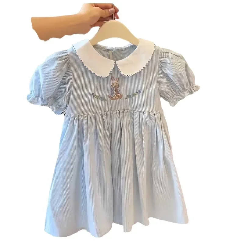

Летний милый наряд, платья принцессы, синее полосатое платье для девочек, длинное платье трапециевидной формы с пышными рукавами и вышивкой для детей от 1 до 6 лет