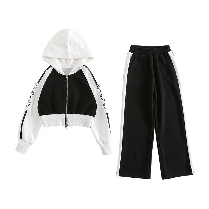 2026 Girls Cotton Contrast 2-Way Zip Cropped Sweatshirt Jacket+Sweatpant School Kid Tracksuit Child Jogger Outfit Workout Set