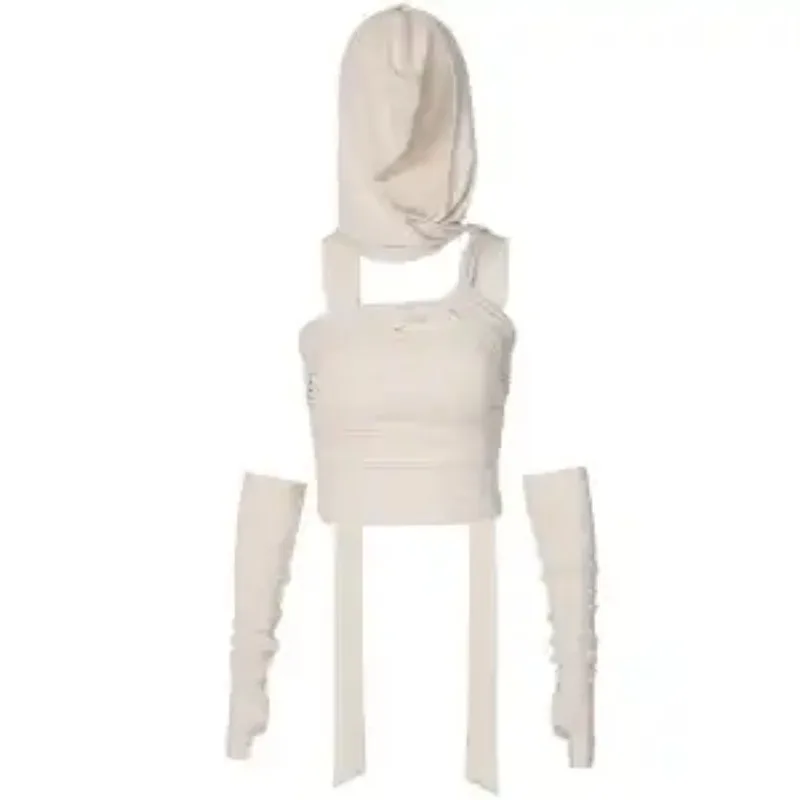 Women's Hooded Twist Crop Top With Detachable Arm Sleeves And Tie Straps