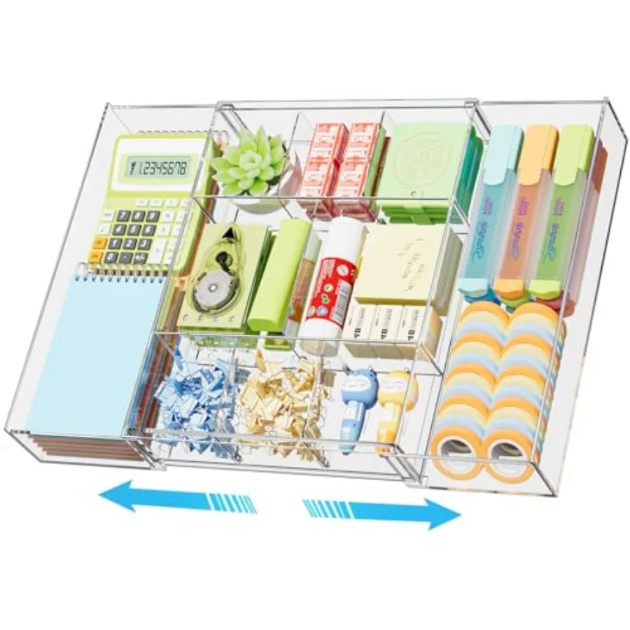 

Expandable Desk Drawer Organizer, Plastic Drawer Organizer Tray with 10 Adjustable Compartments, Desk Organizers and Accessorie