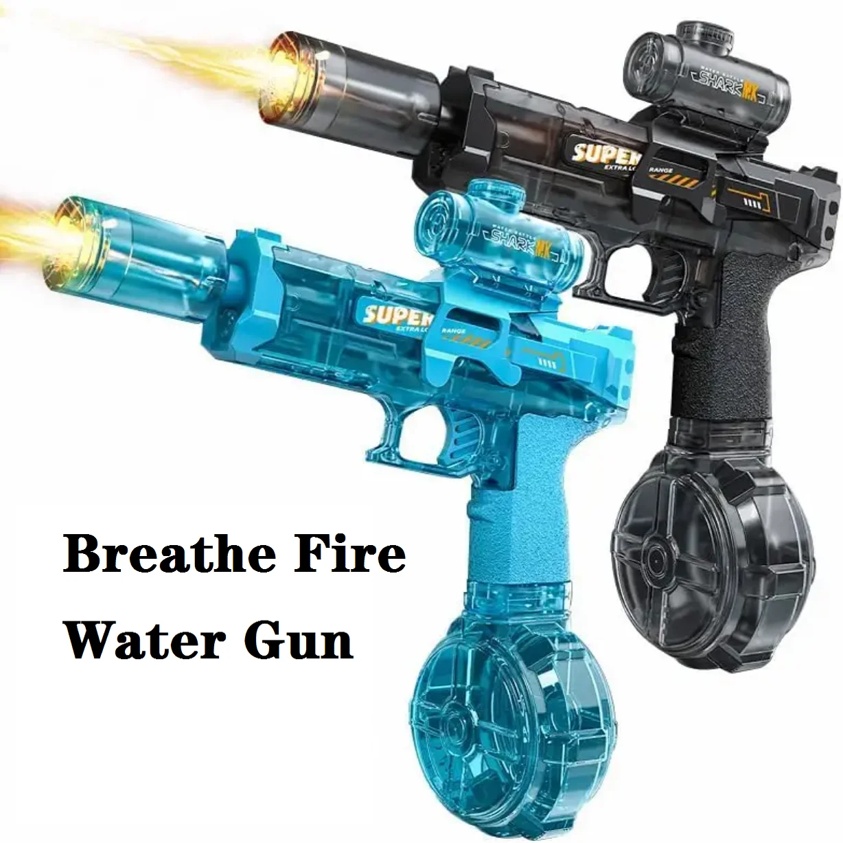 مسدس مياه كهربائي مع بخاخات خفيفة تأثير اللهب بشكل مستمر عالي الضغط عالي السرعة ألعاب مسدس مياه خارجية قوية للأطفال
