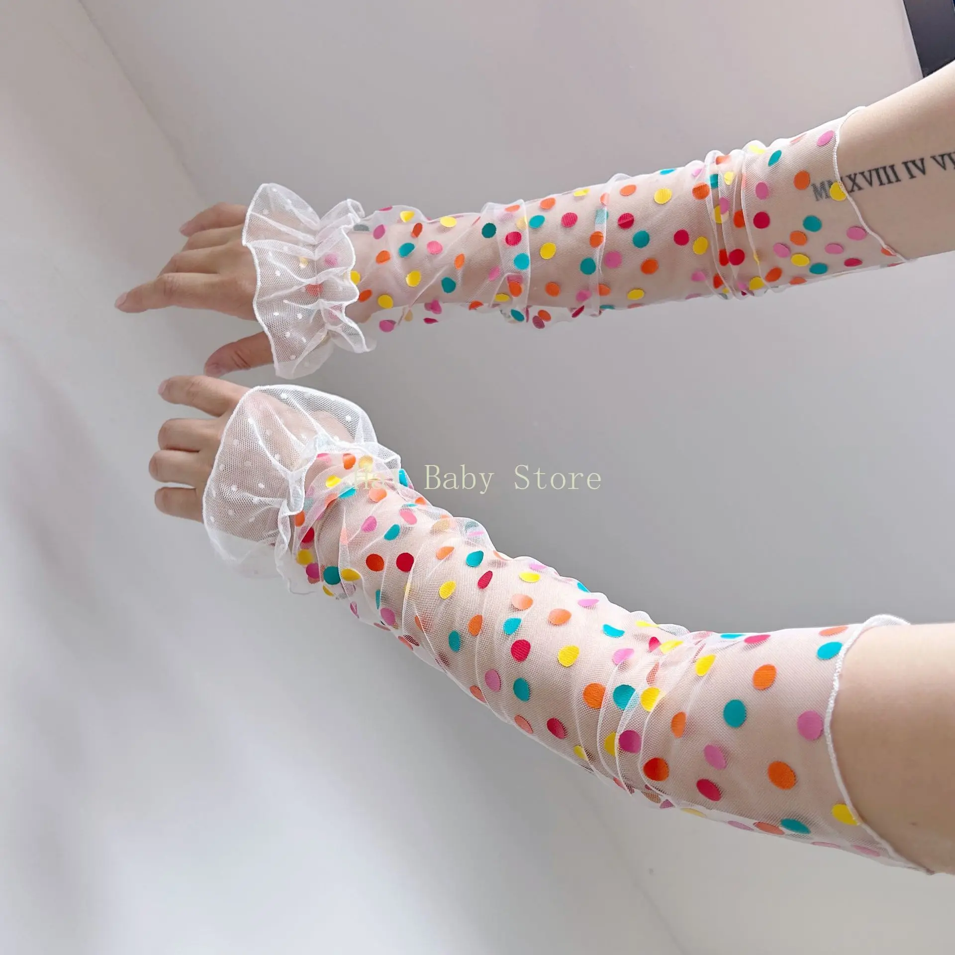 ฤดูร้อนน่ารัก Polka Dot Lolita ตาข่ายครีมกันแดดแขนนุ่มและแขนจีบ Tulle Breathable ผู้หญิงแขน