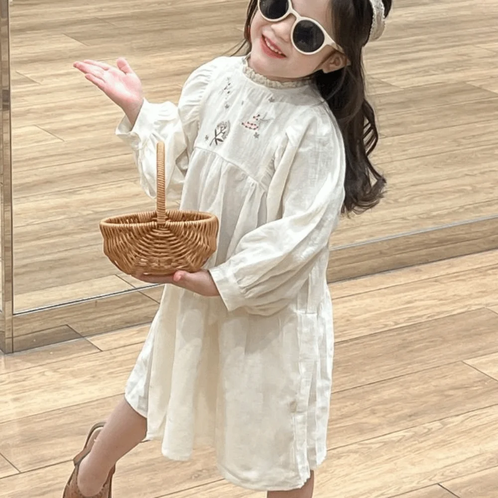 

Кружевное платье принцессы с вышитыми цветами, плиссированное длинное платье трапециевидной формы для девочек, свободное милое детское платье с длинными рукавами, весна/осень