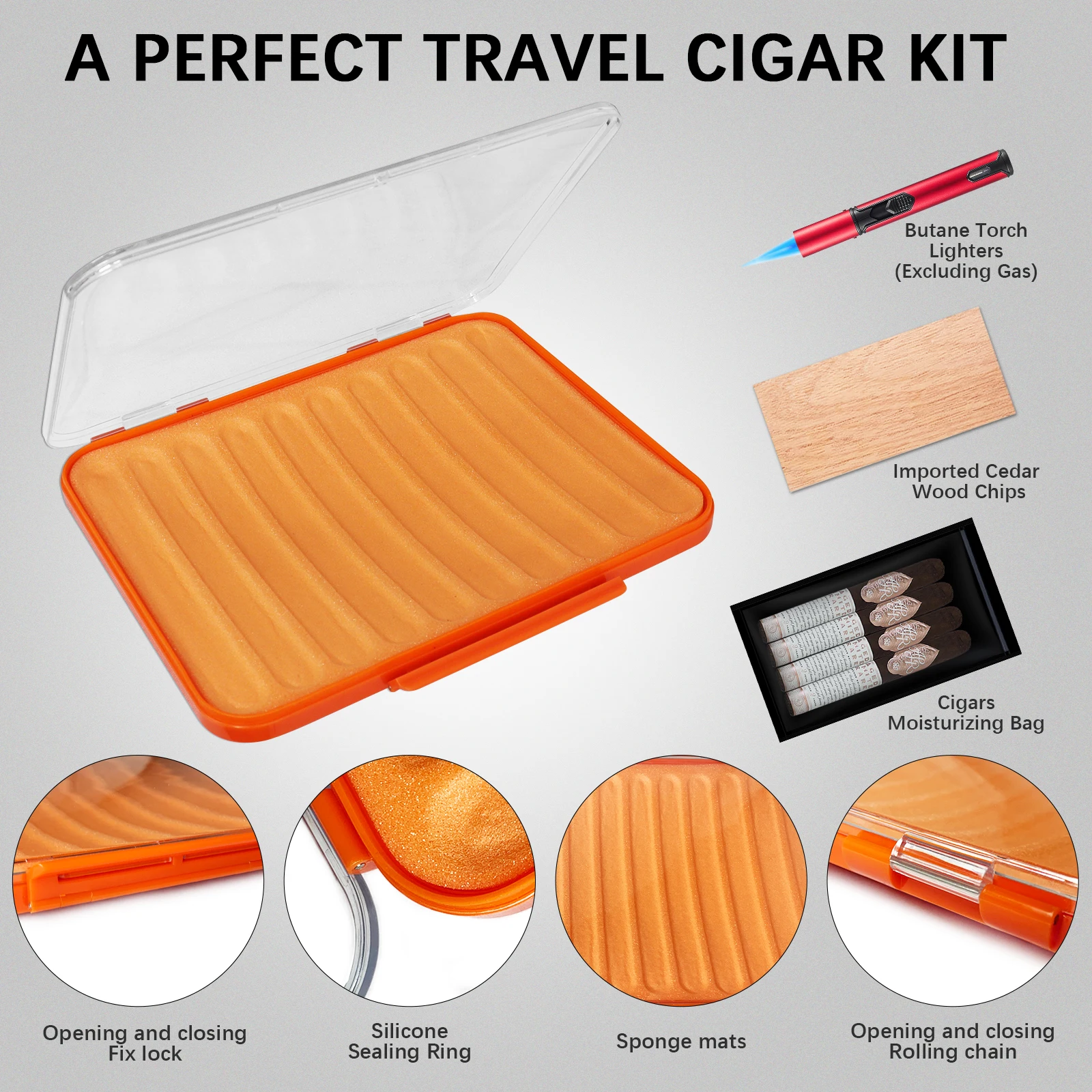 10-Cigar Capacity Humidifier Box Set, Durable Plastics + ABS Cigar Case, Includes Cedar Chips, Humidity Pouch, and Lighter