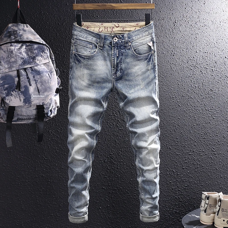 Fashionable new men's jeans retro light blue elastic slim fit split jeans men's pants retro designer split jeans Y2K