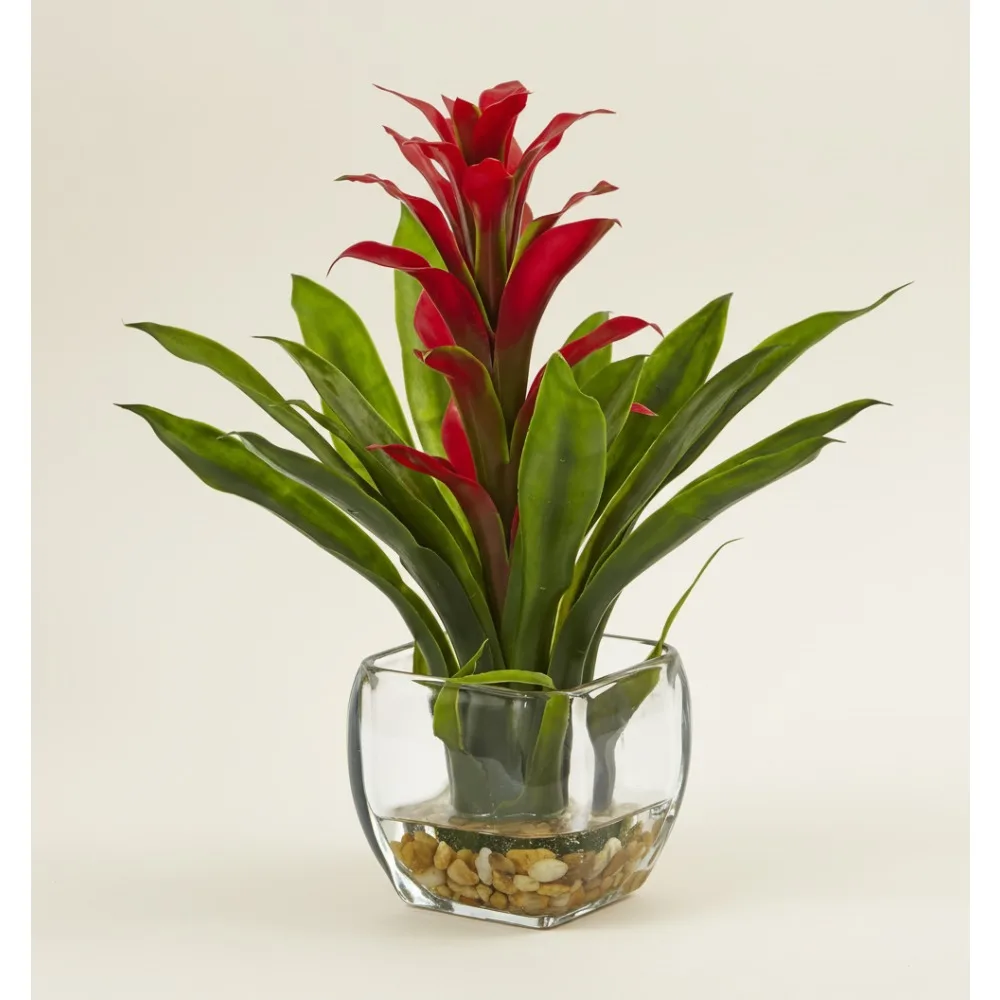 

Искусственное растение Bromeliad со стеклянной вазой, красный тропический домашний декор для гостиной, офиса