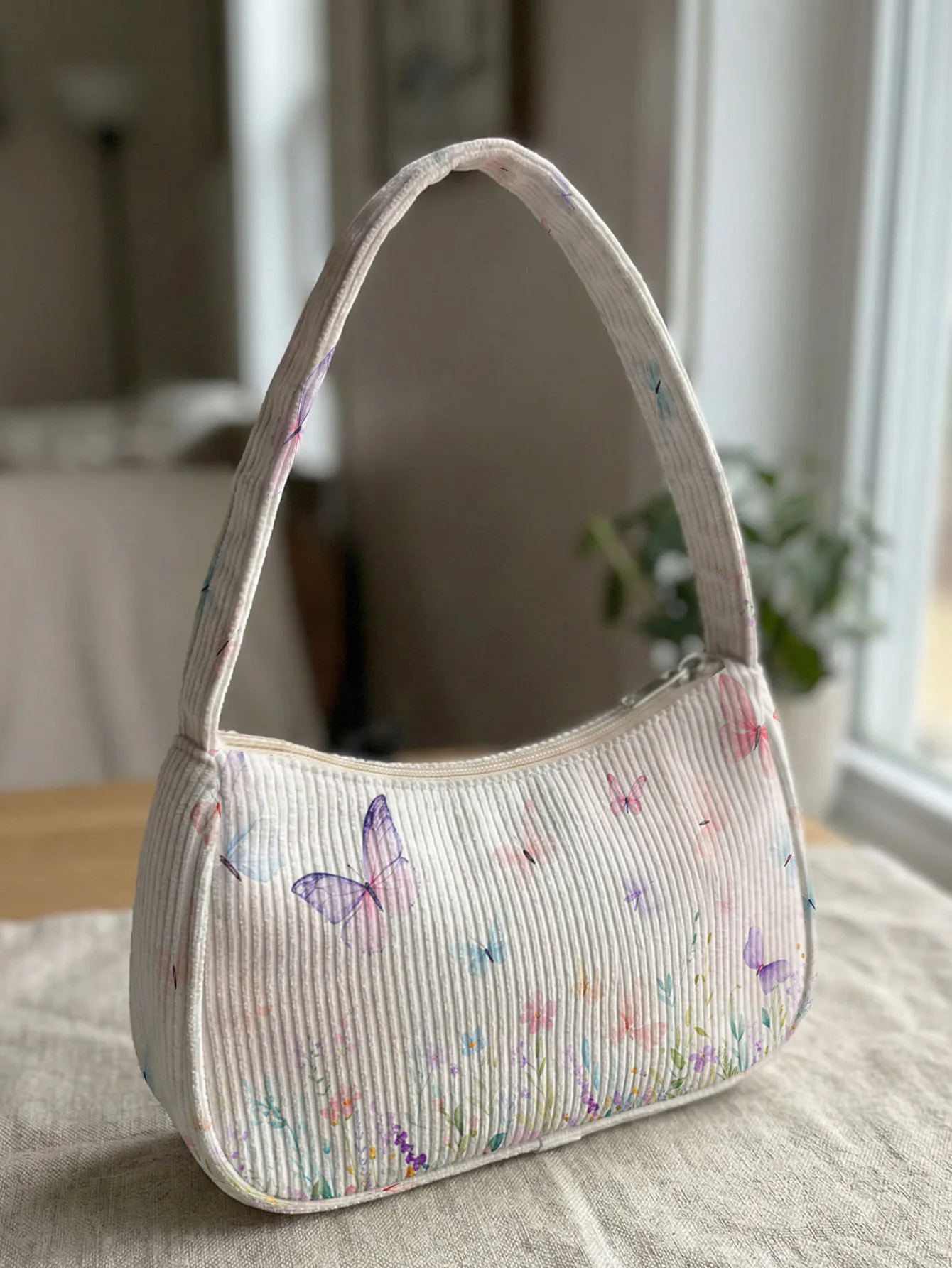Trendy Watercolor Butterfly Print Shoulder Bag, Beige Corduroy Underarm Bag for Daily Casual Use