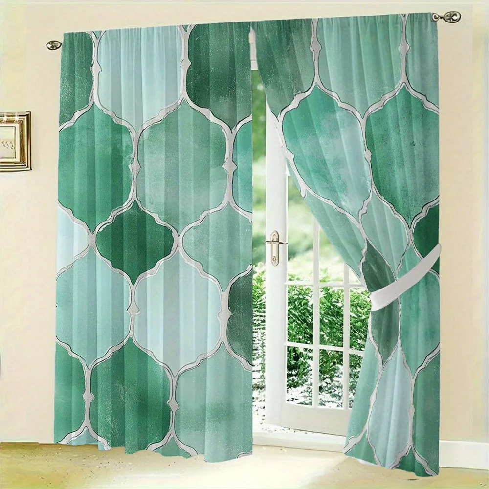 2PC Boho Green Geometric Quatrefoil Damask Curtain Panels Set for Living Room Windows Moroccan Mediterranean Luxury Drapes Filte