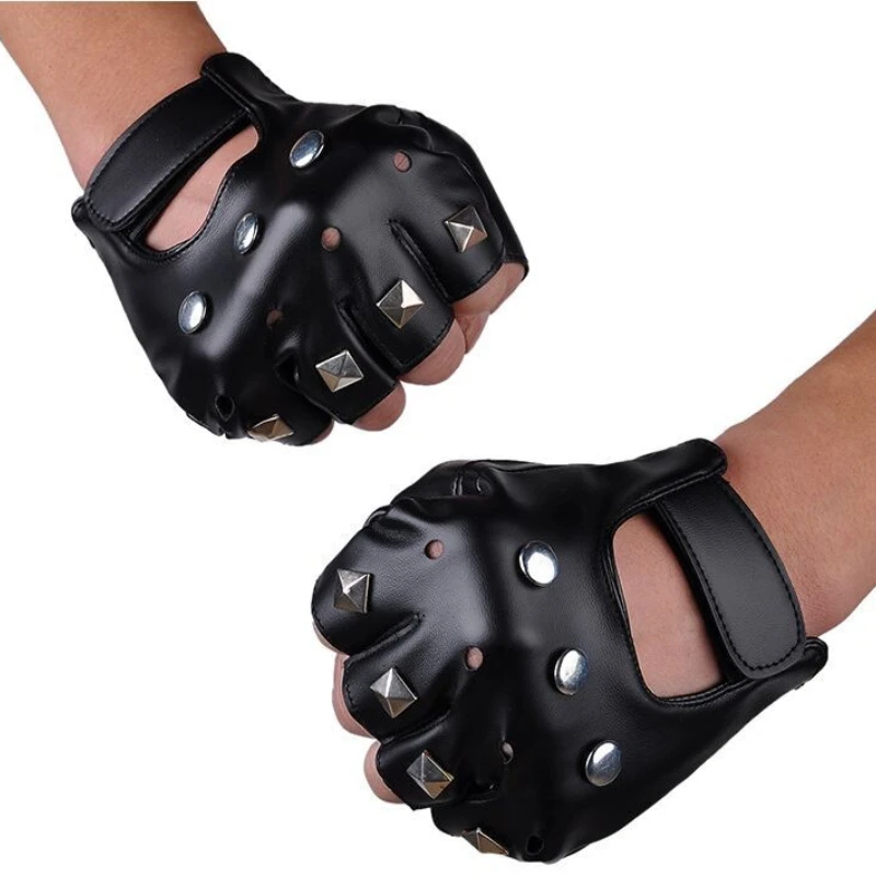 Black Studded PU Leather Fingerless Gloves Fashion Hip Hop Gym Punk Half Finger Gloves for Adult Halloween Cosplay Gloves