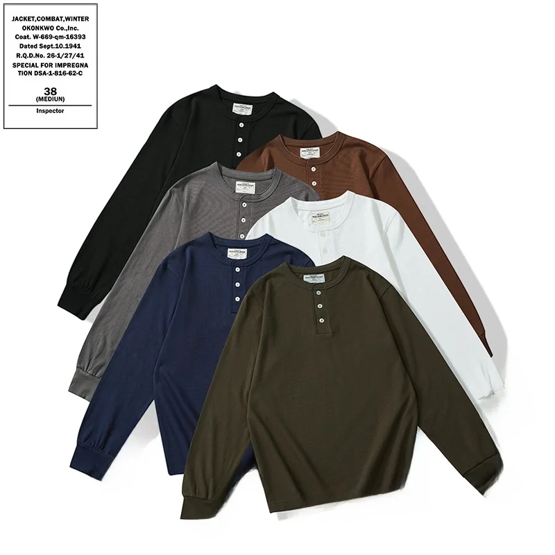 

Мужская футболка из чистого хлопка в стиле ретро с длинным рукавом, на пуговицах, свободного кроя, весна-осень, американский базовый стиль