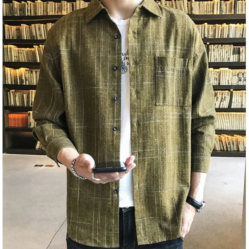 2023 Spring New Loose Oversized Men\'s Clothing Vintage Hong Kong Breeze Long Sleeve Lapel Plaid Printed Commute Simplicity Shirt