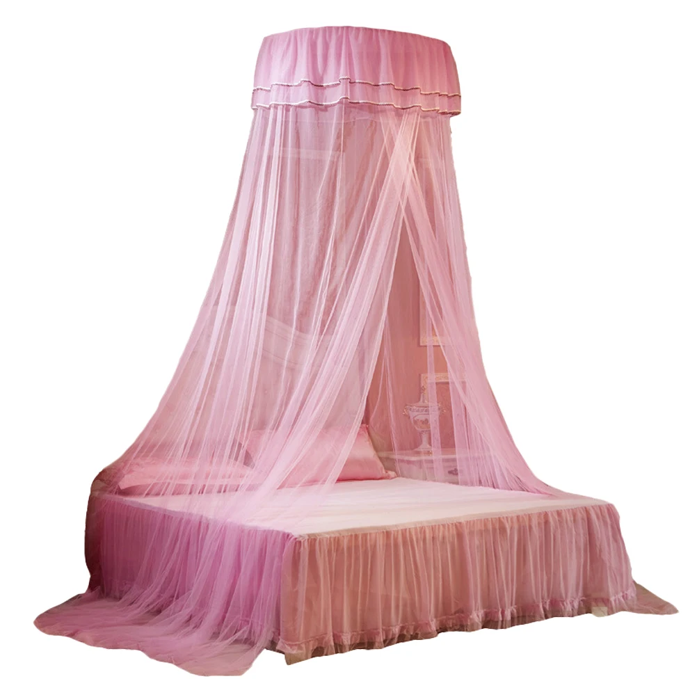 

1pc Lace Bed Mosquito Net Hanging Dome For Bedroom Lightweight Sturdy Protection Flies Soft Dome Mosquito Net Polyester Pink