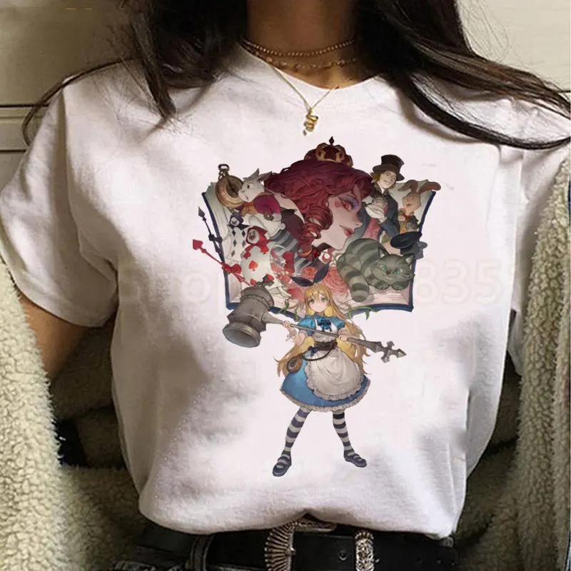 Women Tshirt Alice In Wonderland Graphic T Shirt 90s Femme Clothes Mad Hatter Red Queen Short Sleeve Vintage Female T-shirt