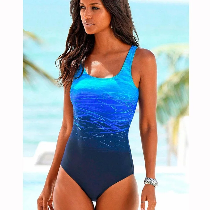 Nuevo traje de baño sexy de una pieza para mujer con traje de baño estampado degradado ampliado para vacaciones en la playa