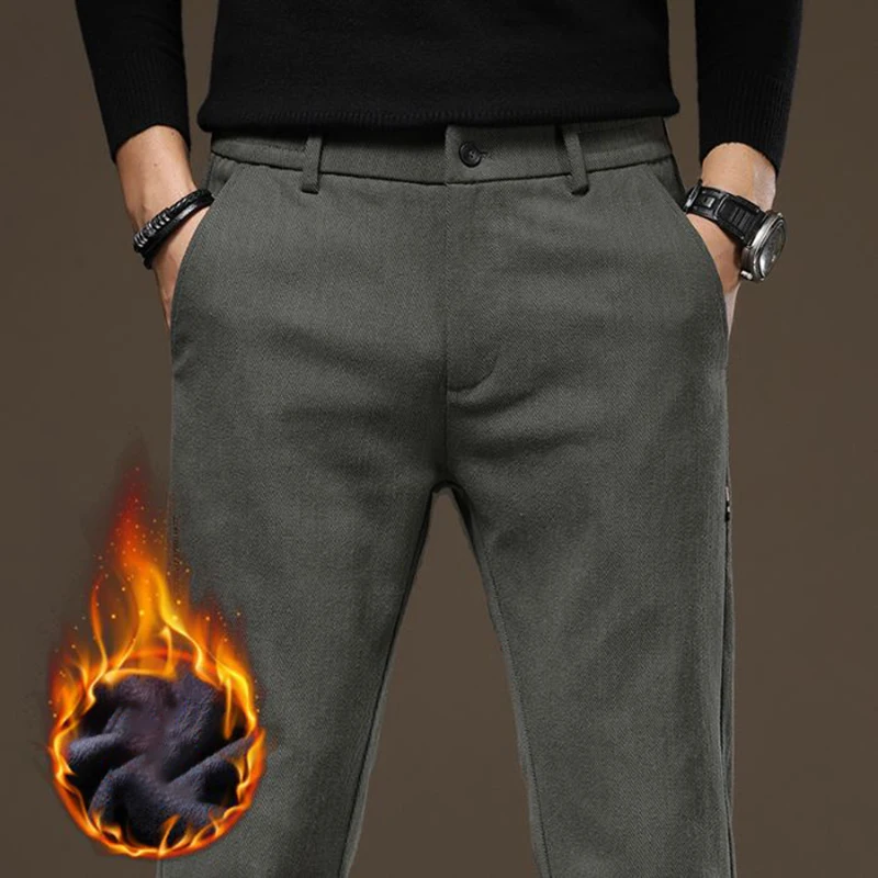 

Мужские зимние теплые эластичные костюмные брюки, мужские утолщенные брюки-блейзеры на флисовой подкладке, облегающие универсальные повседневные армейские зеленые брюки