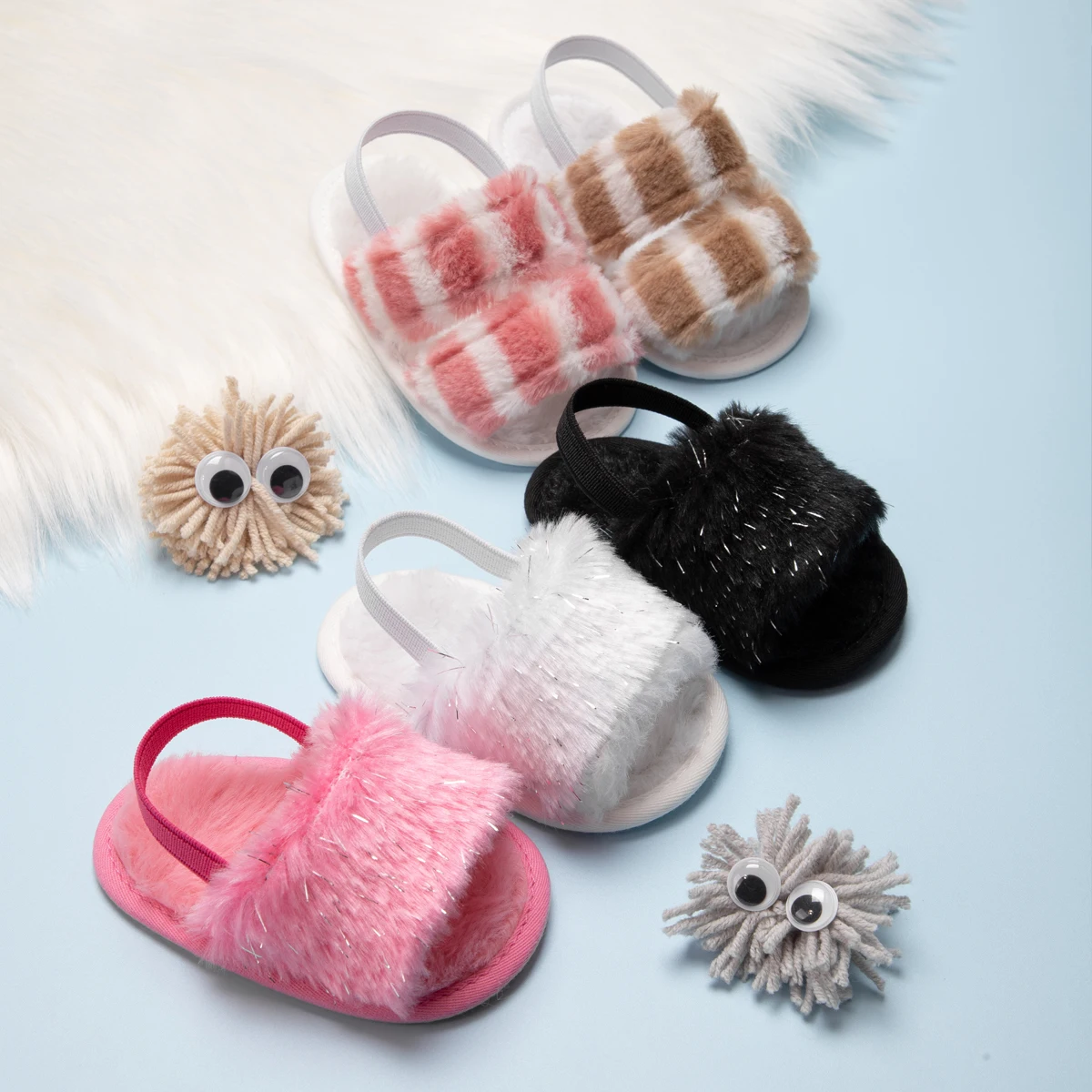 

Baby Boys Girls Sandals Fluffy Baby Shoes Newborn Cotton Soft Sole Anti-Slip Toddler First Walkers Baby Slippers Indoor
