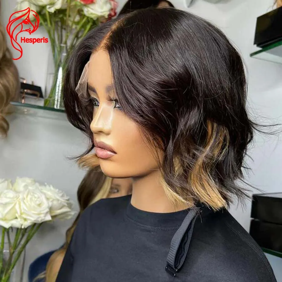 

Hesperis Blonde Highlight Bob Wig For Women Короткая волна Боб Парик Человеческие волосы Бразильские Remy Прозрачные парики из натуральных волос на кружеве спереди