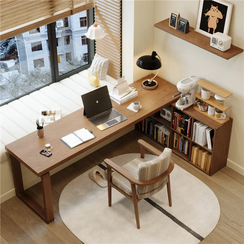 

All solid wood corner desk bookcase integrated bedroom computer desk by window long workbench household L-shaped desk