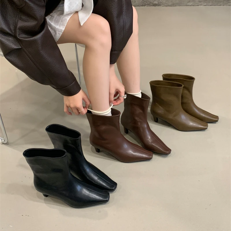 

designer modern boots woman shoes vintage slip on ankle boot high heels square toe short boots zapatos de mujer black brown