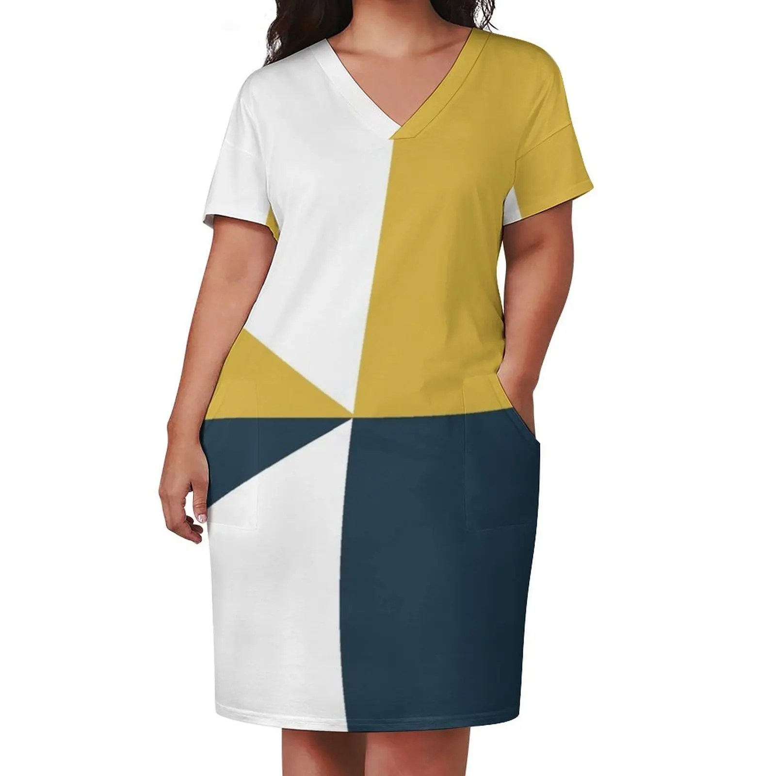 Angled Color Block in Navy Blue, Light Mustard Yellow, and White Loose Pocket Dress summer women's suit