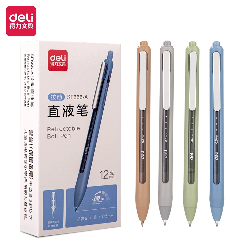 4Pcs DELI SF666-A Press Straight Liquid Pens 0.5mm Gel Pens Black Ink School Office Stationery Supplies