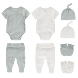 Kiddiezoom 8 PCS/Set Four Seasons Solid Newborn Boy Girl Clothing Sets Infant Bodysuits+Pants+Accessories Baby Shower Gift