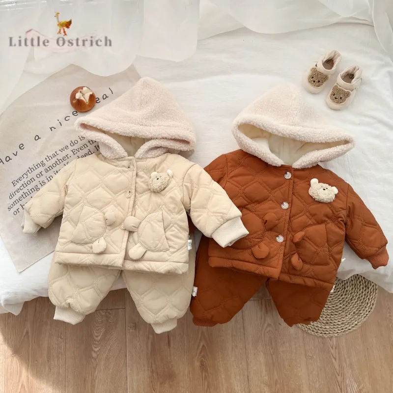 Newborn Baby Girl Boy Fleece Inside Clothes Set Hooded Jacket+Pant Infant Toddler Child Clothing Suit Coat Baby Clothes 3M-2Y