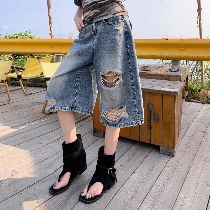 

American High Street Style Ripped Wide Leg Jeans Summer New Loose Pear Shape Slimming Small Size Straight Seven-Foot Pants