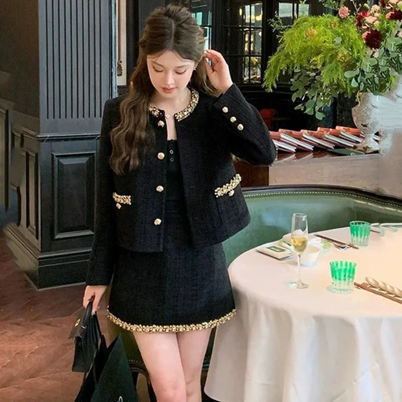 Autumn French Tweed Two Piece Set For Women Small Fragrant Short Jacket Coat + High Waist Mini Skirt Suits Conjuntos Cortos