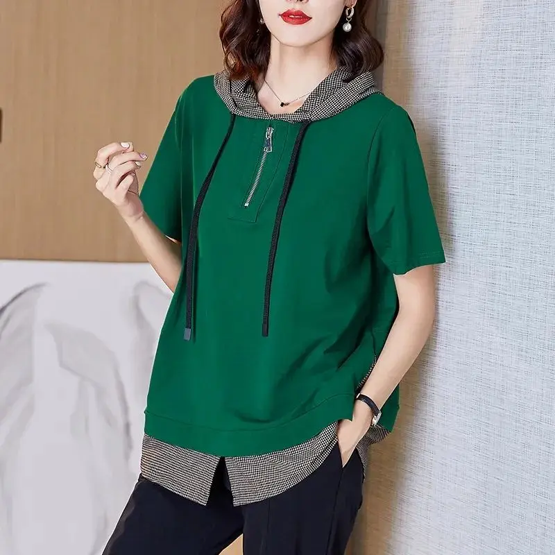 Women Summer Simplicity Loose Elegant Patchwork Cotton Hooded Short Sleeve T-Shirt Women Clothes Casual Appear Thin Thin Top Tee