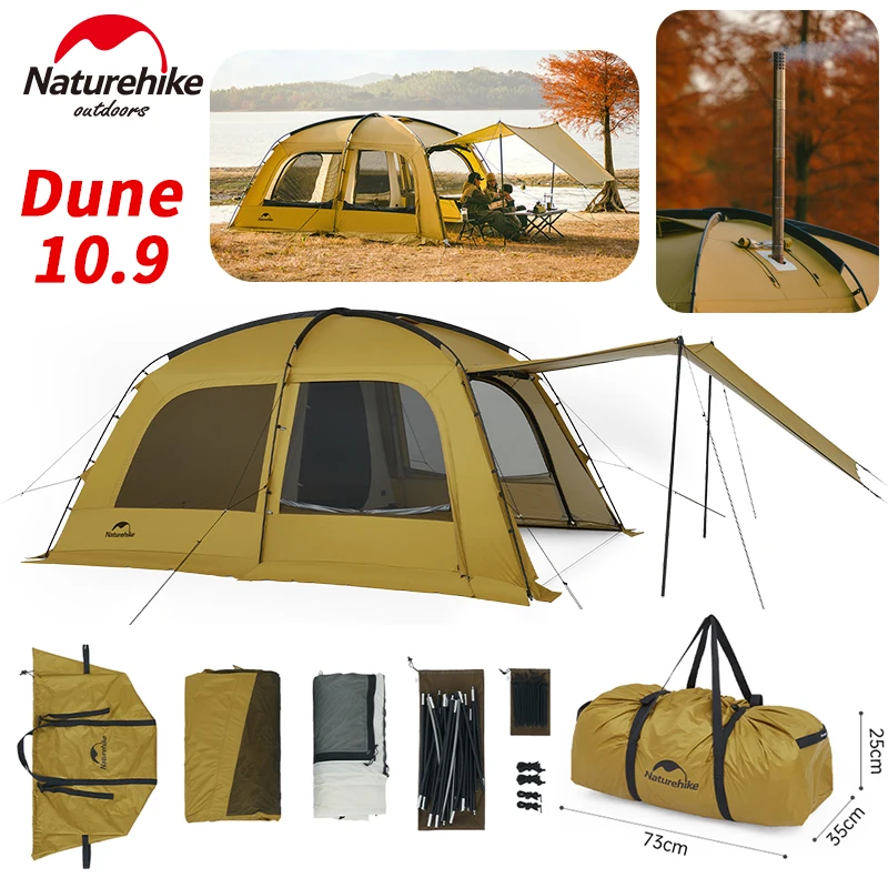 Naturehike Dune 10.9 Dome Tent 1 Room 1 Hall 4-6 Person With Chimney 75D Nylon Silver Coated Extend Awning Detachable Inner Tent