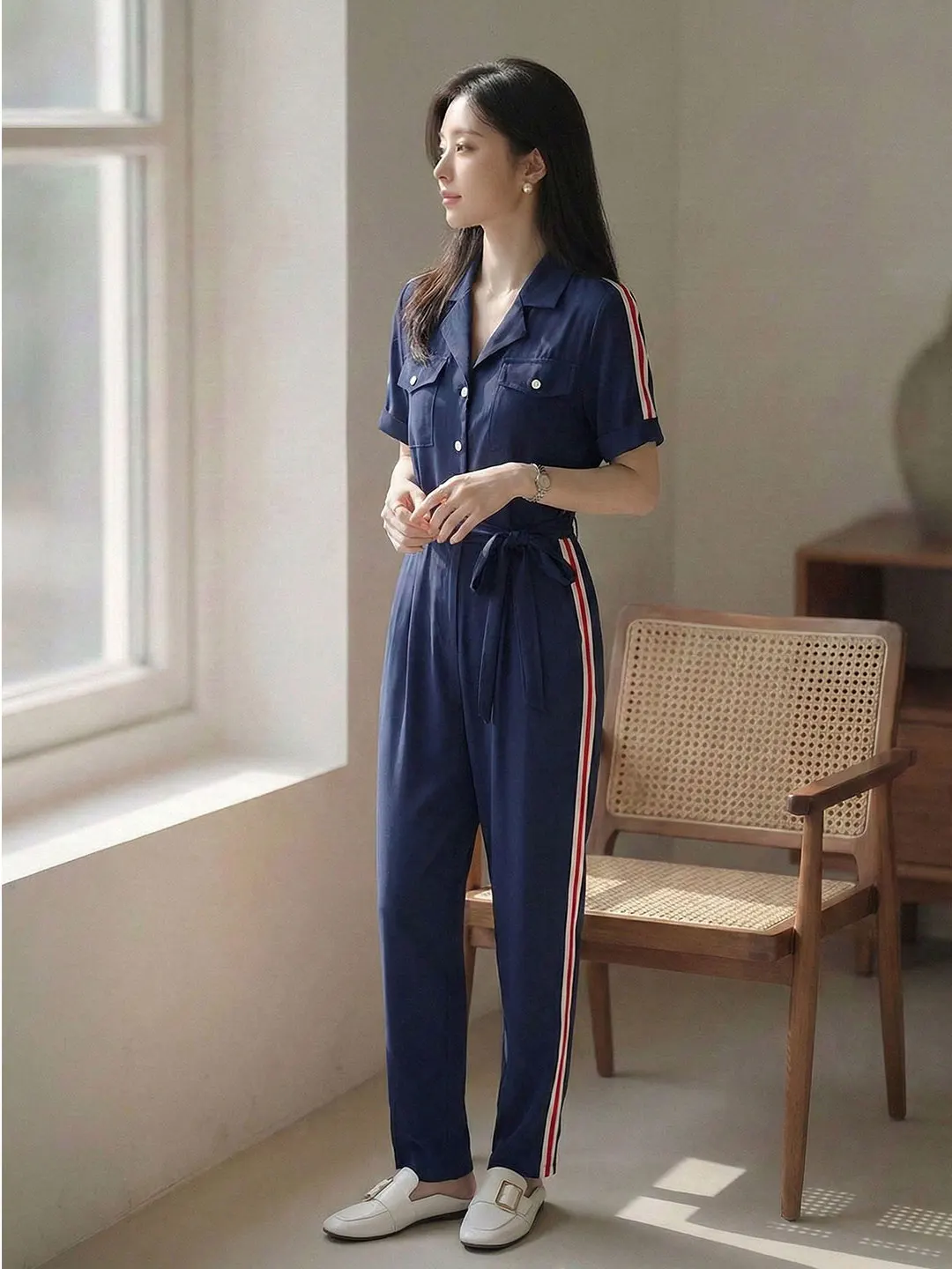 

Olive een Workwear Jumpsuit Women's High Waist Long Pants Straight Leg Thinming Belted Flap Collar One-Piece Suit