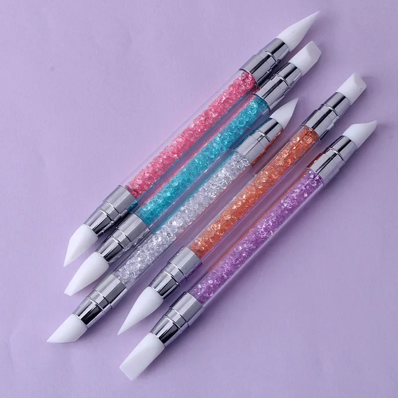 1 Pcs Dual-Ended Silicone Head Carving Dotting Pen Nail Art Brushes Rhinestone Crystal Handle Tool For DIY Gel Manicure Tools