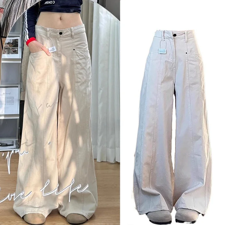 레트로 살구색 워크웨어 데님 팬츠 여성용 루즈 와이드 레그 팬츠 가을 겨울 신상 하이웨이스트 다용도 롱 팬츠 트렌디