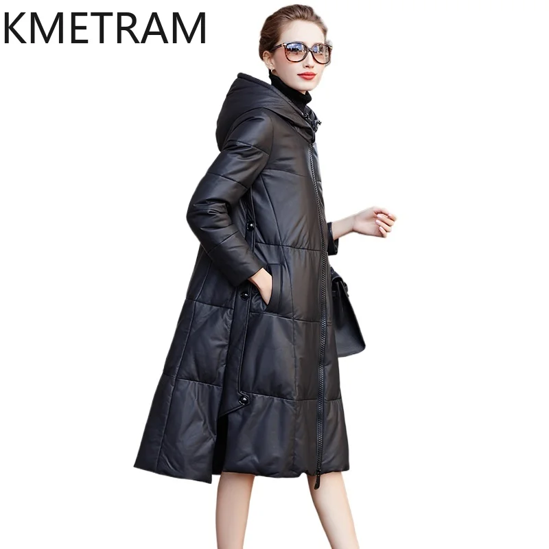 KMETRAM Real Sheepskin White Duck Down Jackets Women Hooded Mid-Length Puffer Jacket Loose A-Line Winter Coat 2026 Woman Clothes