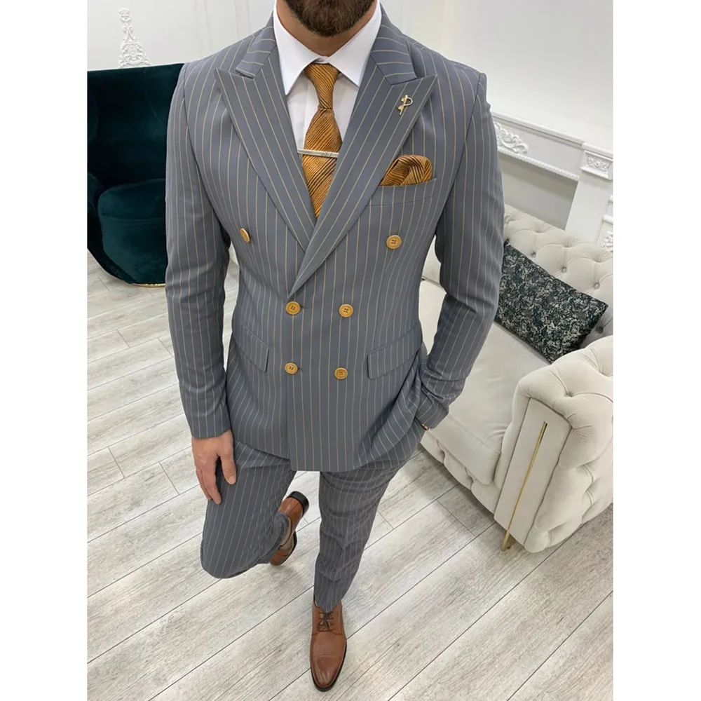 

Grey Stripe Double Breasted Peaked Lapel Men Suits Wedding Evening Party Sets Formal Occasions Suits 2 pieces (Jacket+Pants)