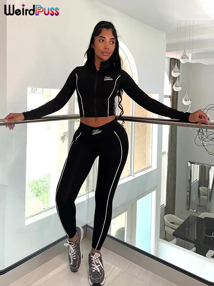 Weird Puss Casual 2-częściowy zestaw dres elastyczny patchworkowy pasek obcisła krótka kurtka z zamkiem błyskawicznym + legginsy pasujące Streetwear sportowe garnitury