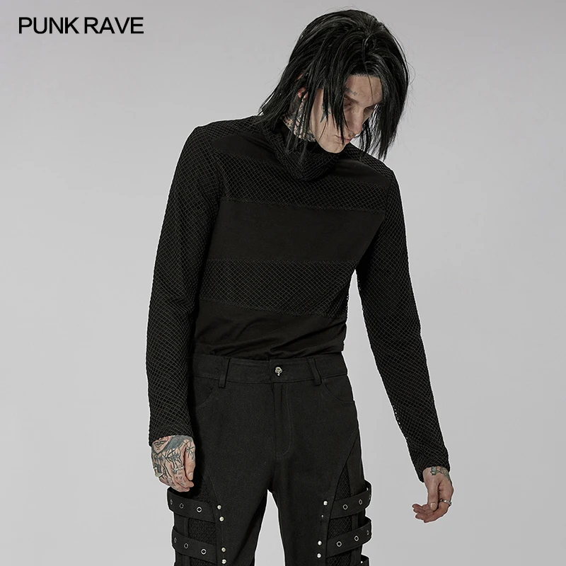 PUNK RAVE Men's Gothic One-piece Masked Stand Collar Long Sleeve T-shirt Dark Daily Loose Black Hooded Tops Spring/Autumn