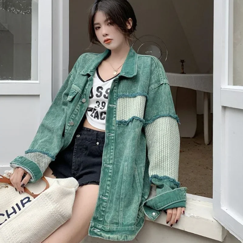 Hole Sale Spring Autumn Female Jeans Coat Patchwork Graphic Green Ripped Outerwears Long Trench Women\'s Denim Jackets with Print