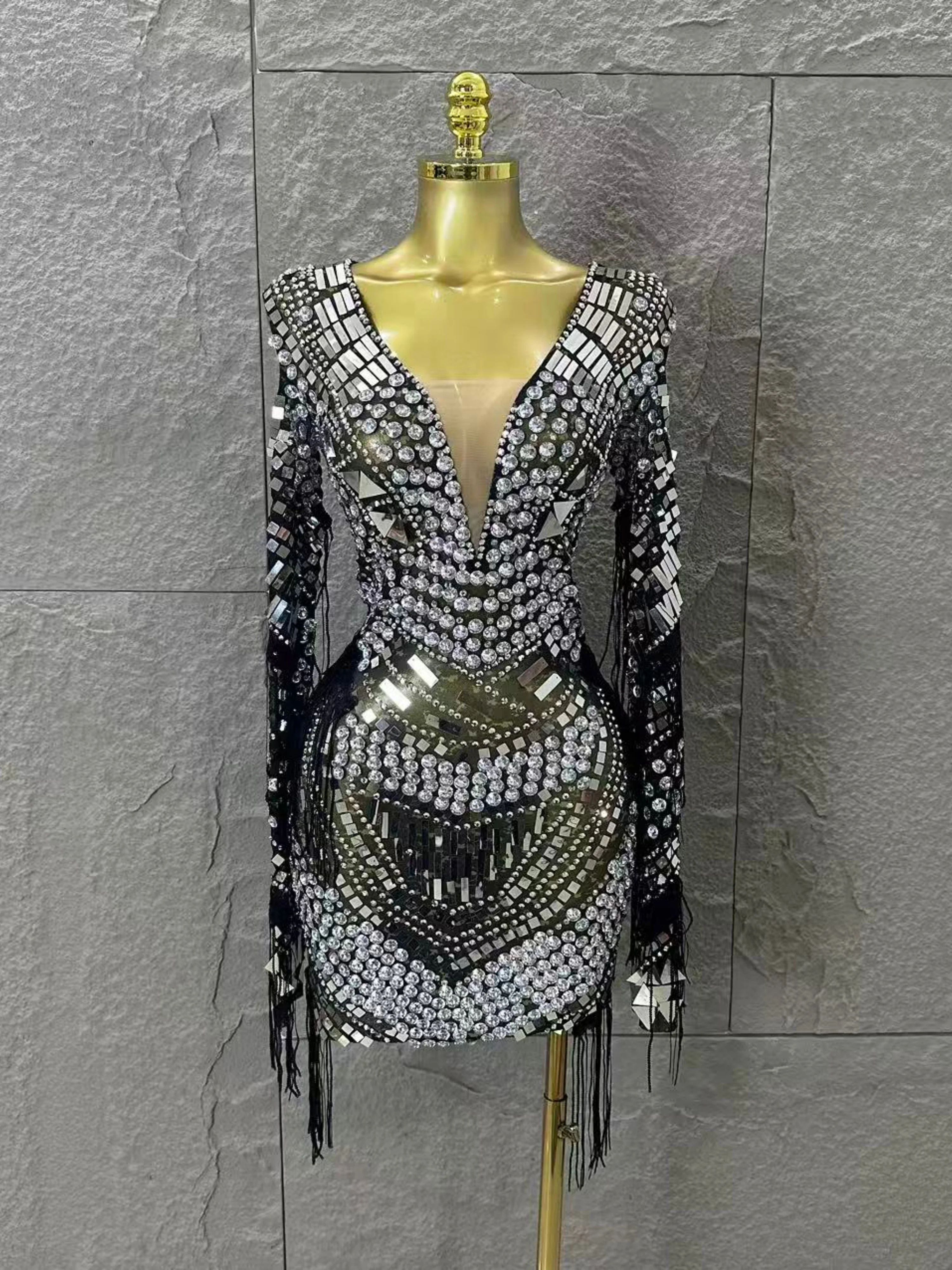 Luksusowa, błyszcząca sukienka mini z cekinami, frędzlami, długimi rękawami, prześwitująca, idealna na wieczorne przyjęcie, urodziny, seksowna, z siateczki, do klubu nocnego.