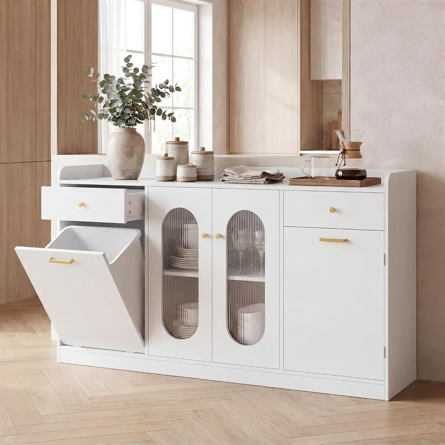 Modern Coffee Bar Sideboard Cabinet with Trash Can 55 Inch, Customized
