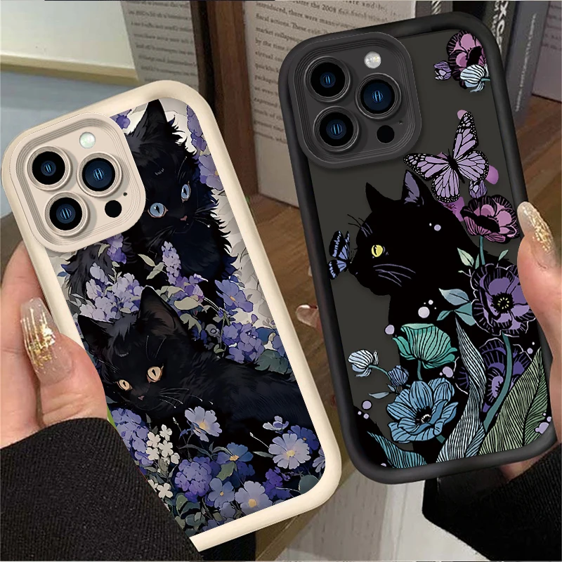 Butterfly Flowers And Black Cat For iPhone 16 15 14 13 12 11 ProMax XS Max XR 7 8 Plus Phone Case Shockproof Soft Silicone Cover